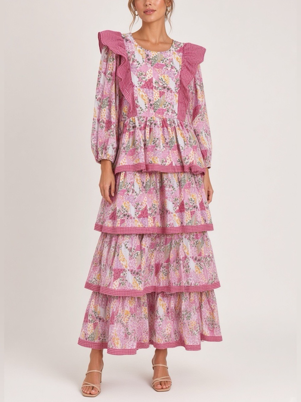 Simply Southern Pink Floral Patchwork Tiered Ruffle Maxi Dress boho Large
